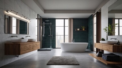 A luxurious modern bathroom featuring a freestanding tub, dual sinks, and elegant natural wood accents.