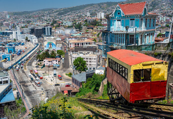 The iconic colorful and eclectic houses built on the steep hills of the historic port city of Valparaiso, Chile, a UNESCO World Heritage Site