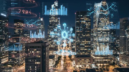 Night Cityscape with Financial Data Overlay - A high-angle view of a modern city at night, with illuminated skyscrapers and streets. - Powered by Adobe