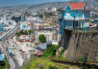 The iconic colorful and eclectic houses built on the steep hills of the historic port city of Valparaiso, Chile, a UNESCO World Heritage Site
