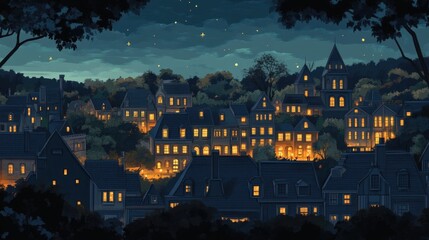 Illustration of a town at night with glowing windows and starry sky