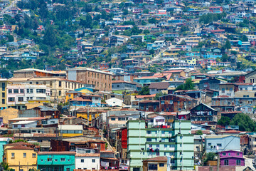 The iconic colorful and eclectic houses built on the steep hills of the historic port city of Valparaiso, Chile, a UNESCO World Heritage Site