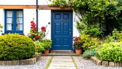 Charming Blue Front Door of a White Cottage with Lush Garden.