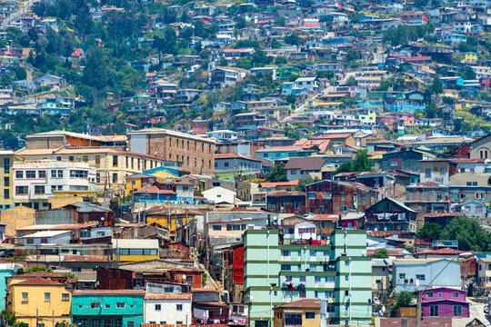 The iconic colorful and eclectic houses built on the steep hills of the historic port city of Valparaiso, Chile, a UNESCO World Heritage Site