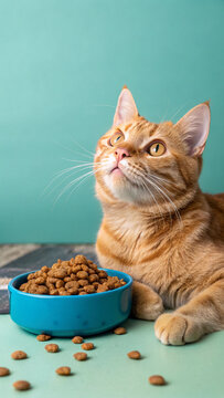 Orange tabby cat beside blue bowl of kibble feline