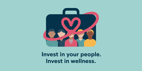 A briefcase with diverse people inside and a heart shaped ribbon around it on a light blue background