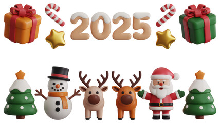 Fototapeta premium 3d icon of christmas and new year 2025 celebration elements isolated on transparent background
