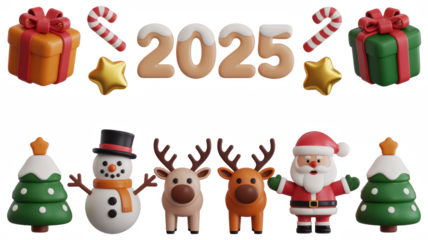 3d icon of christmas and new year 2025 celebration elements isolated on transparent background