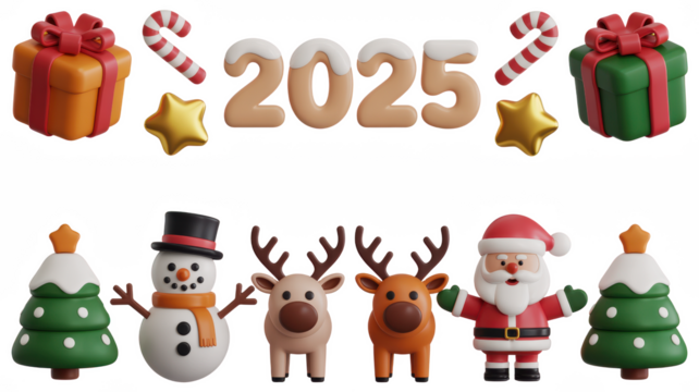 3d icon of christmas and new year 2025 celebration elements isolated on transparent background