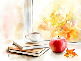 The perfect setting for a warm ambiance is a cozy autumn scene with books, a cup of tea, and falling leaves by a window