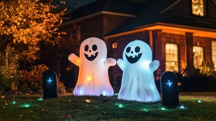 Two inflatable ghosts and tombstones decorate a lawn for halloween