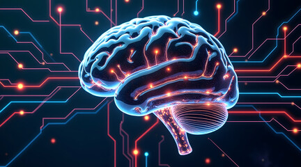 Glowing digital brain with illuminated neural pathways connected to network of circuits, symbolizing artificial intelligence and technology