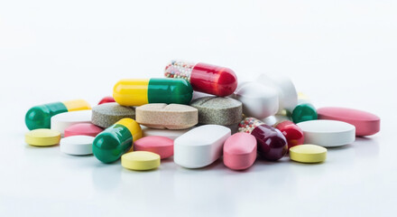 Colorful assortment of tablets and capsules on white background  