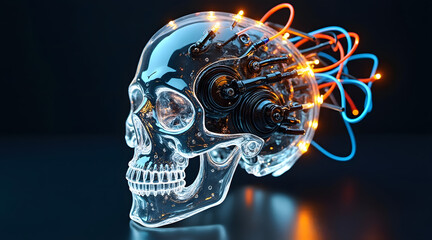 Transparent glass skull fused with mechanical joints and glowing wires, showcasing futuristic technology and cybernetic design