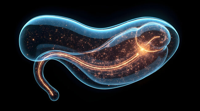 Transparent sci fi style pancreas with glowing neural pathways and sparkling particles inside, futuristic medical concept visualization