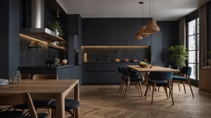 Stylish dark modern kitchen interior featuring wooden accents and cozy dining area.