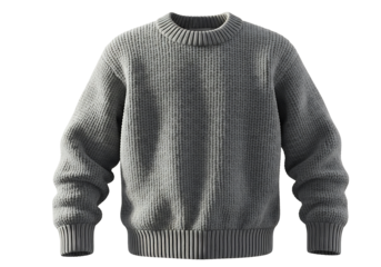 A light gray, ribbed knit sweater displays a classic, simple design against a dark background.