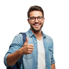 Young man wearing glasses and denim shirt gives thumbs up and smiles happily transparent background