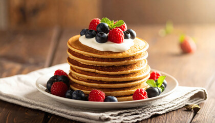 Stack of Oat Pancakes with Berries and Yogurt on Rustic Table
