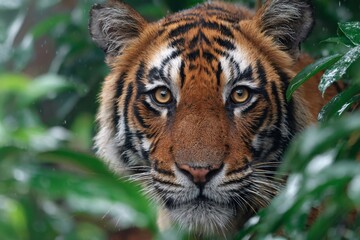 Fototapeta premium Sumatran tiger hiding in jungle foliage during rain
