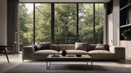 Obraz premium Stylish living room with a modern beige sofa, natural light, and lush greenery outside.