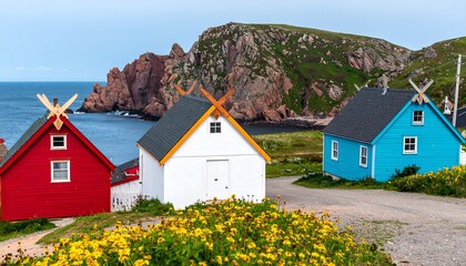 Charming colorful houses on a coastal hillside with ocean views.