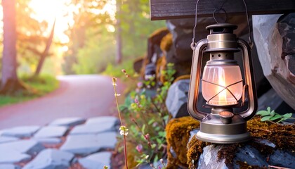 Fototapeta premium Vintage lantern illuminating a path in a sunlit forest landscape