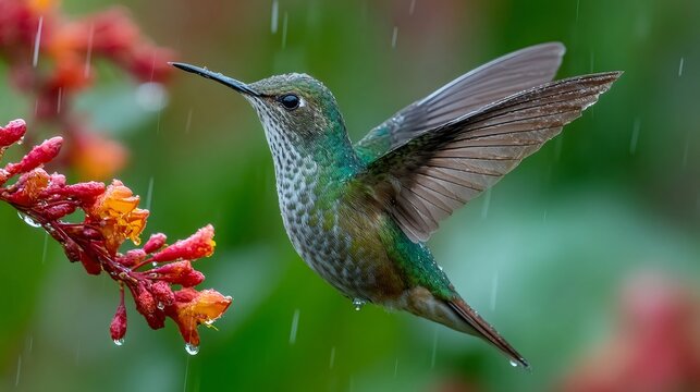 Green crowned brilliant hummingbird flying near orange flower in the rain