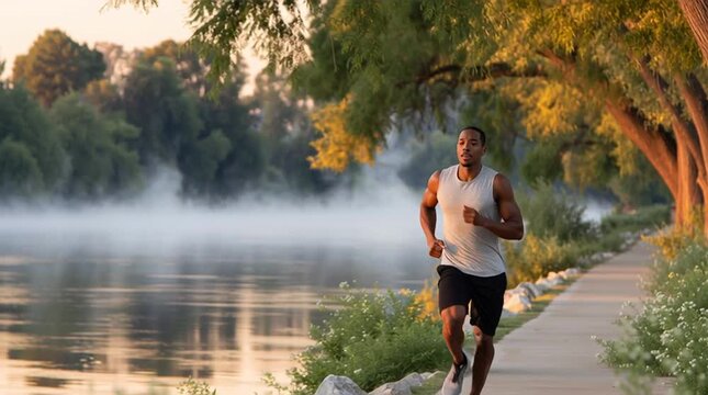 Morning jog by misty riverside with warm sunlight and lush greenery
