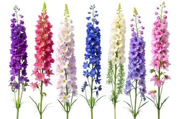 Colorful Delphinium Flowers in a Row Against a White Background