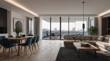 Fototapeta premium Modern living room with a stunning city view, featuring a spacious layout and contemporary furnishings.