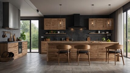 Modern kitchen featuring wooden cabinets and an open layout, evoking a warm and inviting atmosphere.
