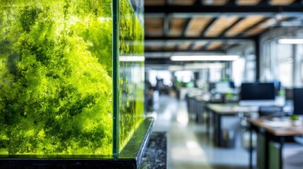 Crisp medium shot highlighting an innovative algae oxygenation chamber its vibrant green biofilm sharply defined against a defocused coworking environment filled with desks and