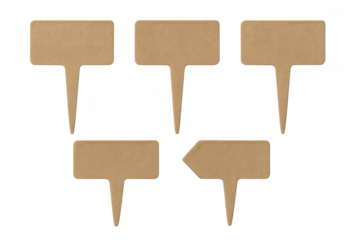 Set of blank cardboard plant labels on transparent background