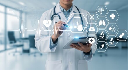 Doctor using tablet with medical icons and futuristic interface