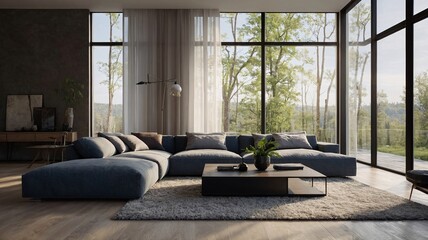 A modern living room featuring a spacious sectional sofa and large windows with a view of greenery.