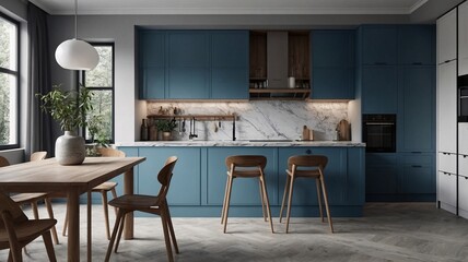 Fototapeta premium Modern kitchen interior featuring stylish blue cabinetry, marble countertops, and natural wood accents, creating a serene cooking space.