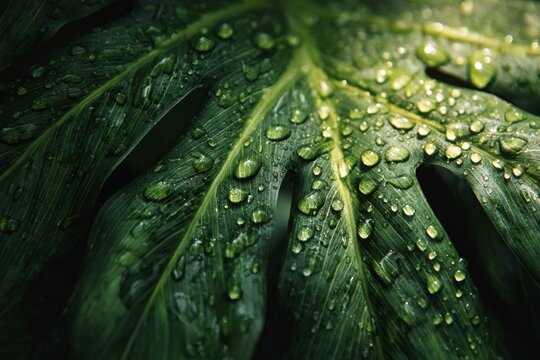 Close up of dew drops on a vibrant green leaf in the rainforest