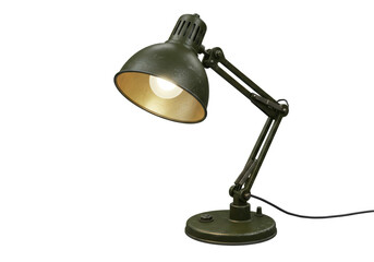 Isolated Vintage Green Military-Style Desk Lamp with Glowing Bulb