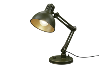 Isolated Vintage Green Military-Style Desk Lamp with Glowing Bulb