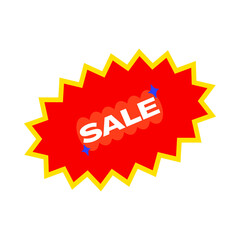 Bright red starburst sale tag with white text