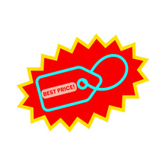 Bright red starburst with neon blue price tag