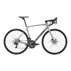 Fototapeta premium A gray stuiqh road bicycle with black tires and seat isolated against a black background in studio light created with generated ai