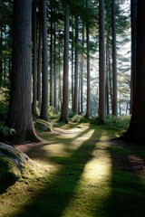 Fototapeta premium Sunlight streaming through majestic forest with tall trees and lush greenery
