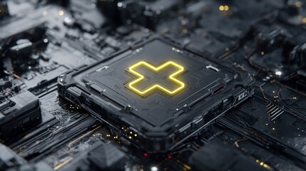 Glowing cross symbol on a circuit board, signifying data integrity & digital protection