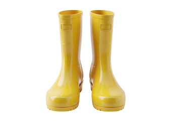 A pair of vibrant yellow rain boots, glossy and polished, stands out against a black background.