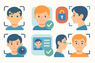 Facial recognition, security flat icon set. identity, technology symbols collection