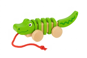 Green wooden crocodile toy with pull string on transparent background