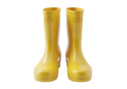 A pair of vibrant yellow rain boots, glossy and polished, stands out against a black background.
