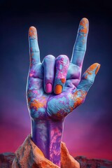 A colorful hand makes rock gesture in surreal portrait with strength, creativity, attitude and imagination against vibrant background.